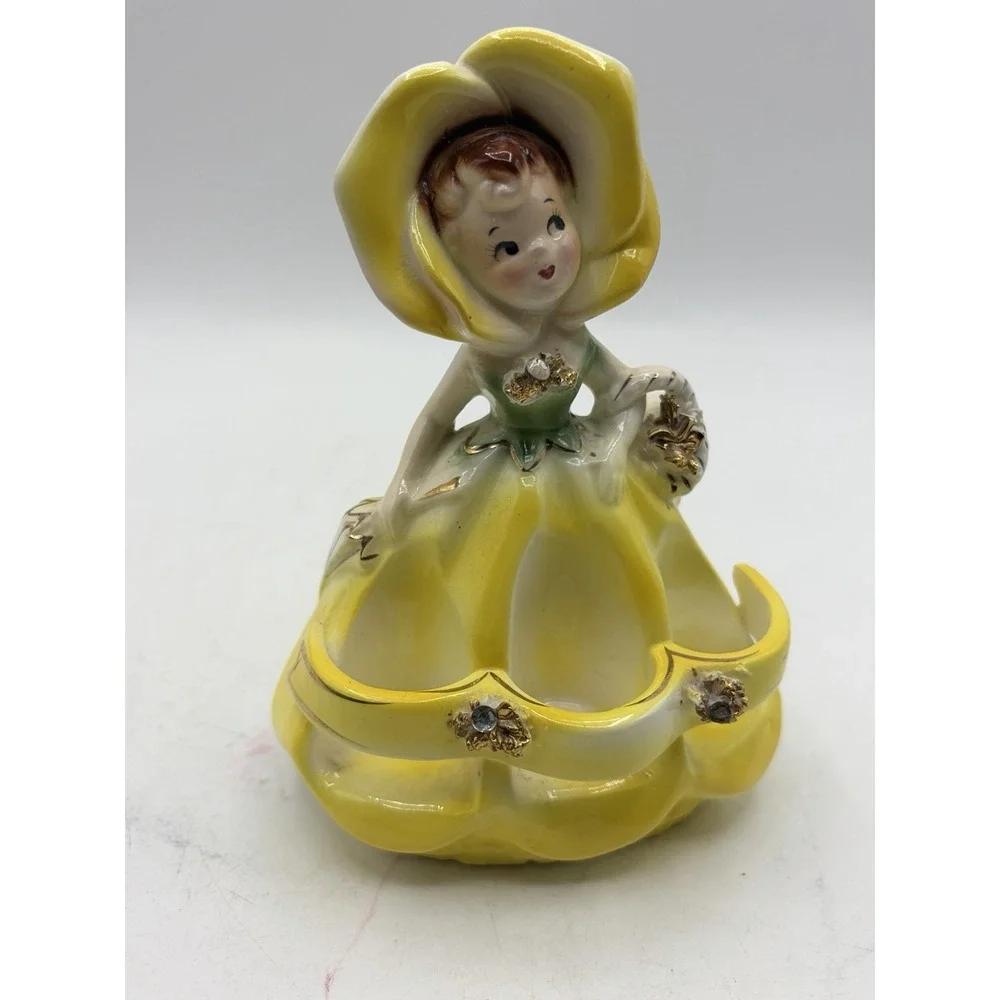 Vintage Lady Head Lipstick Holder Yellow Flower Dress Rhinestones E2074